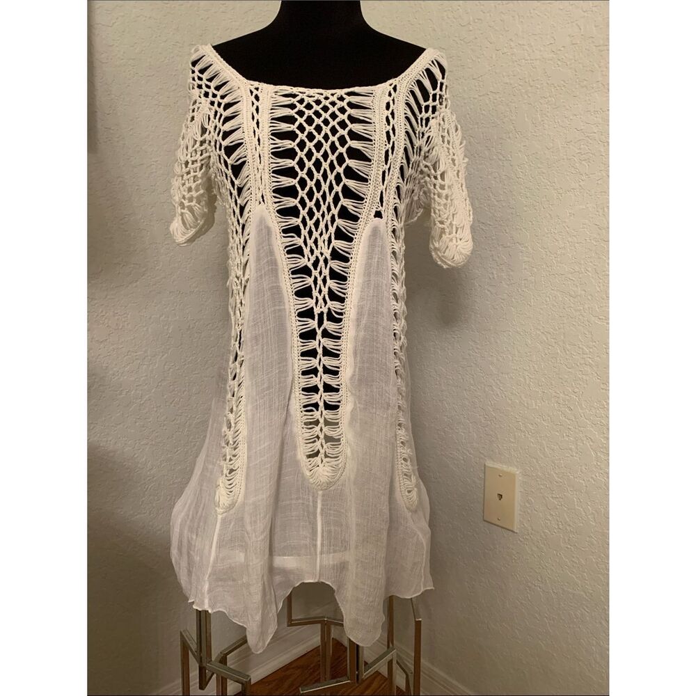 Surf Style White Crochet Knit Cover-Up Tunic Size M/L